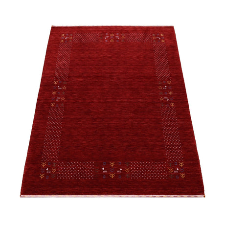 Red Contemporary Border Motifs Hand Loomed Wool Area Rug