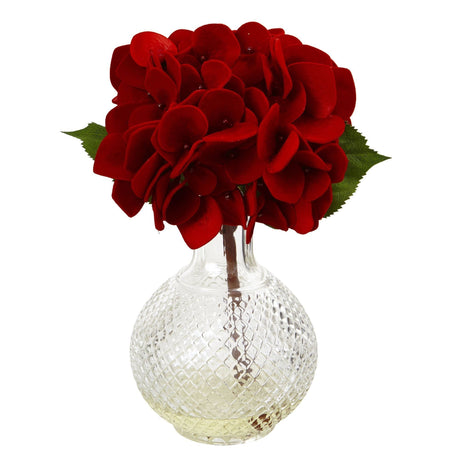 Red Hydrangea w/Glass Vase (Set of 3)-Arrangement-Parc Decor