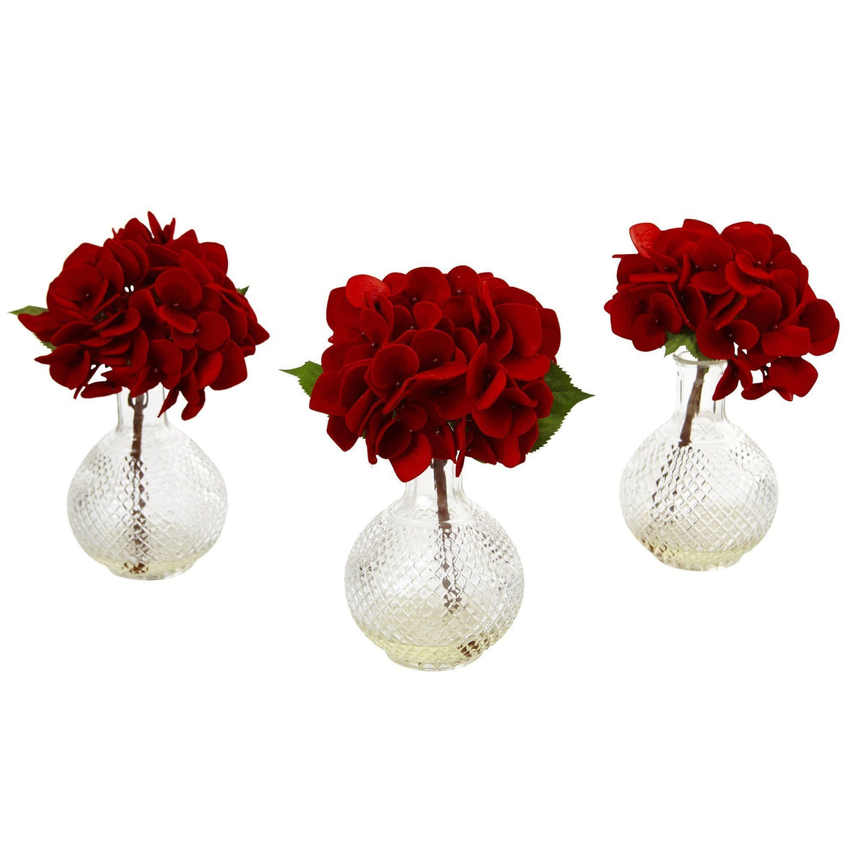 Red Hydrangea w/Glass Vase (Set of 3)-Arrangement-Parc Decor