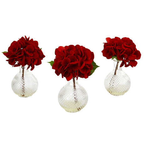 Red Hydrangea w/Glass Vase (Set of 3)-Arrangement-Parc Decor
