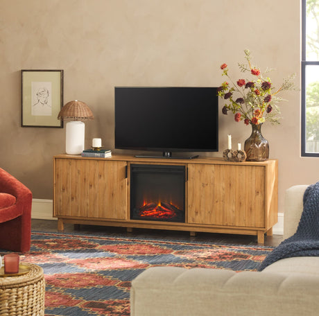 Reema Scandinavian 70" Modern Reeded TV Stand with Freestanding Electric Fireplace