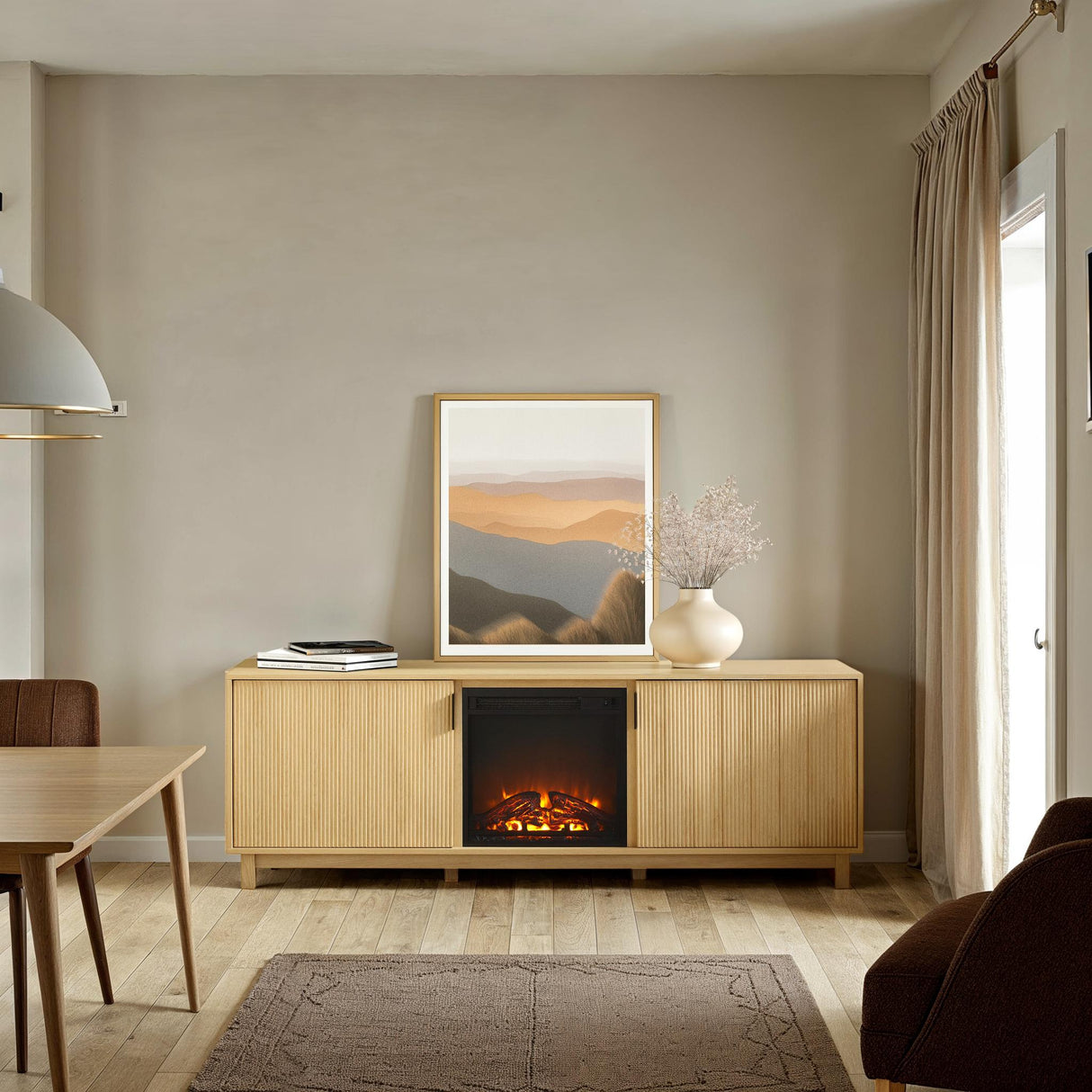 Reema Scandinavian 70" Modern Reeded TV Stand with Freestanding Electric Fireplace