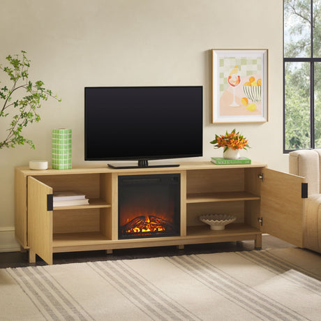 Reema Scandinavian 70" Modern Reeded TV Stand with Freestanding Electric Fireplace-Fireplace-Parc Decor