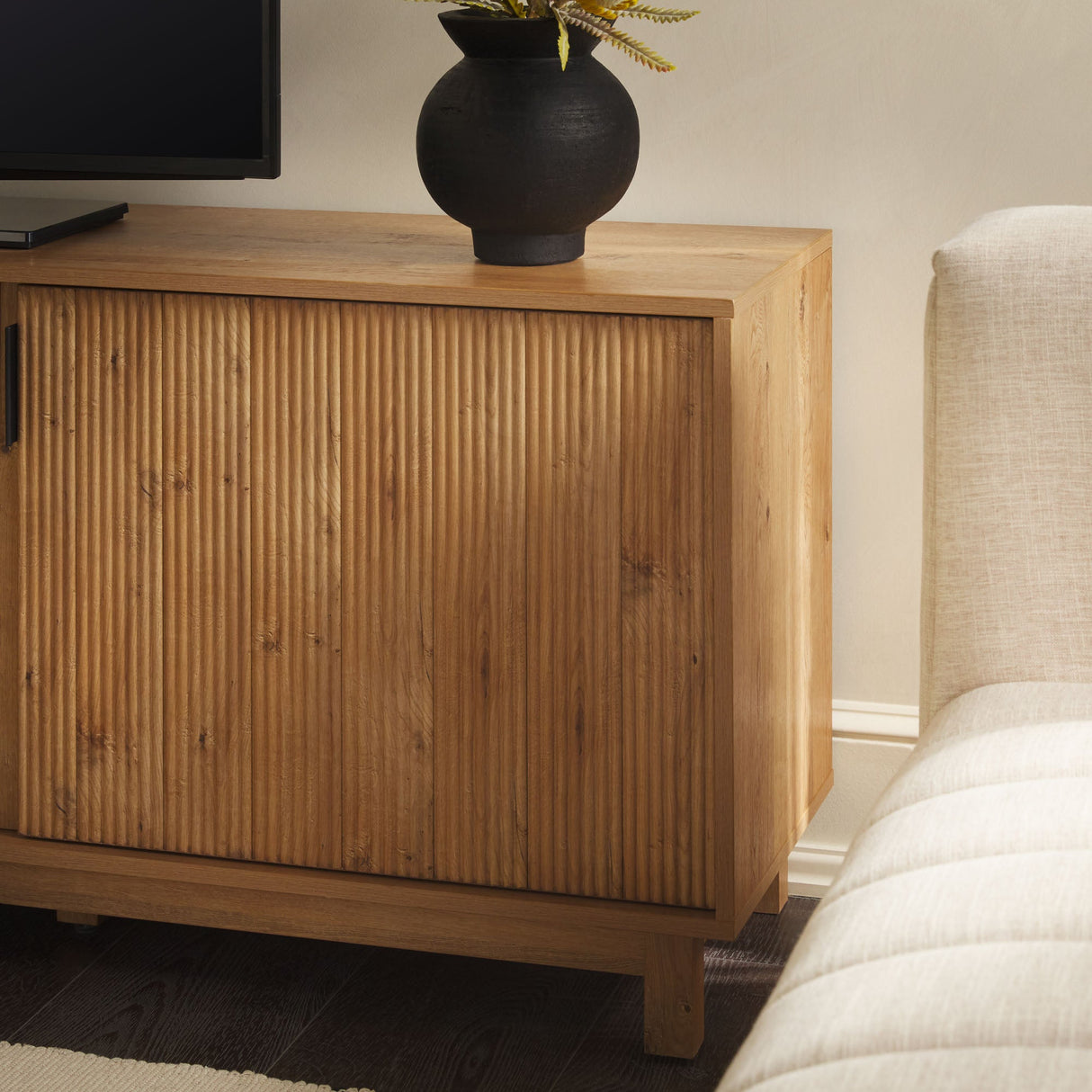 Reema Scandinavian 70" Modern Reeded TV Stand with Freestanding Electric Fireplace-Fireplace-Parc Decor