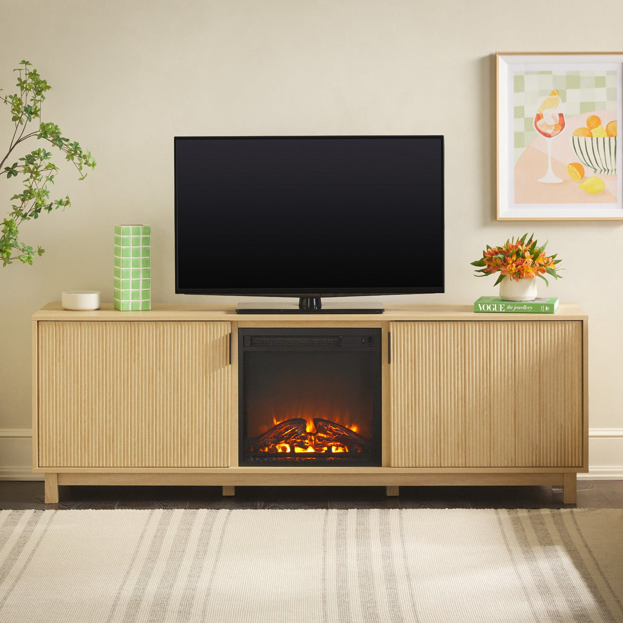 Reema Scandinavian 70" Modern Reeded TV Stand with Freestanding Electric Fireplace-Fireplace-Parc Decor