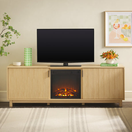 Reema Scandinavian 70" Modern Reeded TV Stand with Freestanding Electric Fireplace-Fireplace-Parc Decor