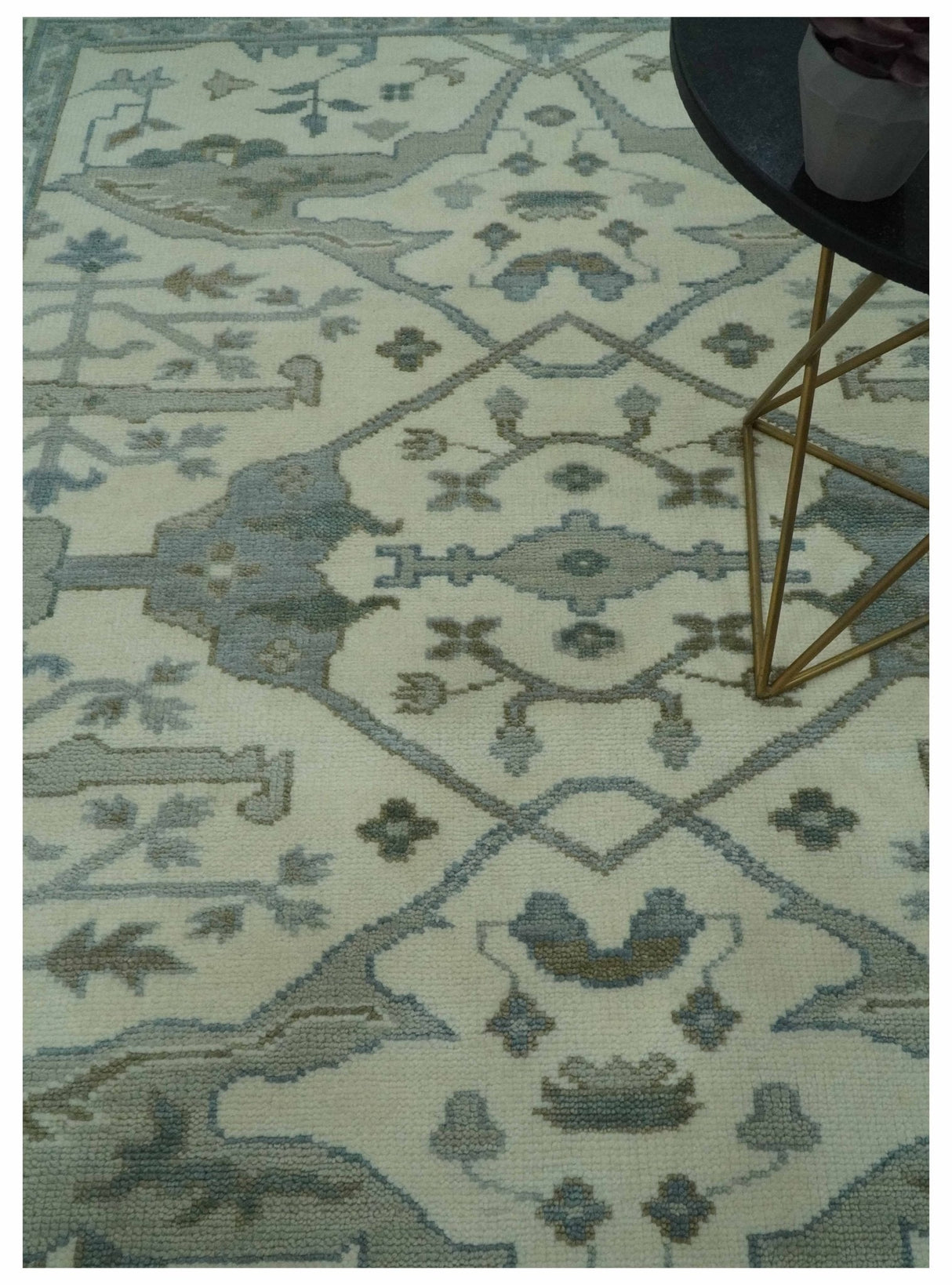 Richmond Custom Made Ivory and Olive Hand Knotted Oushak Wool Rug