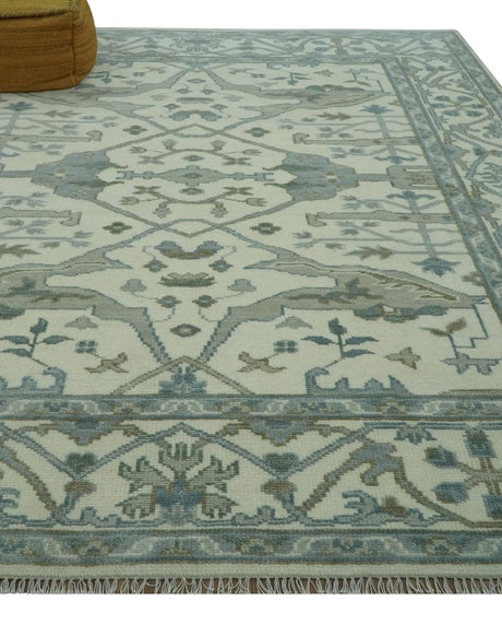Richmond Custom Made Ivory and Olive Hand Knotted Oushak Wool Rug