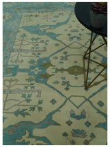 Richmond Custom Made Ivory and Teal Hand Knotted Oushak Wool Rug
