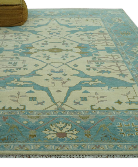Richmond Custom Made Ivory and Teal Hand Knotted Oushak Wool Rug