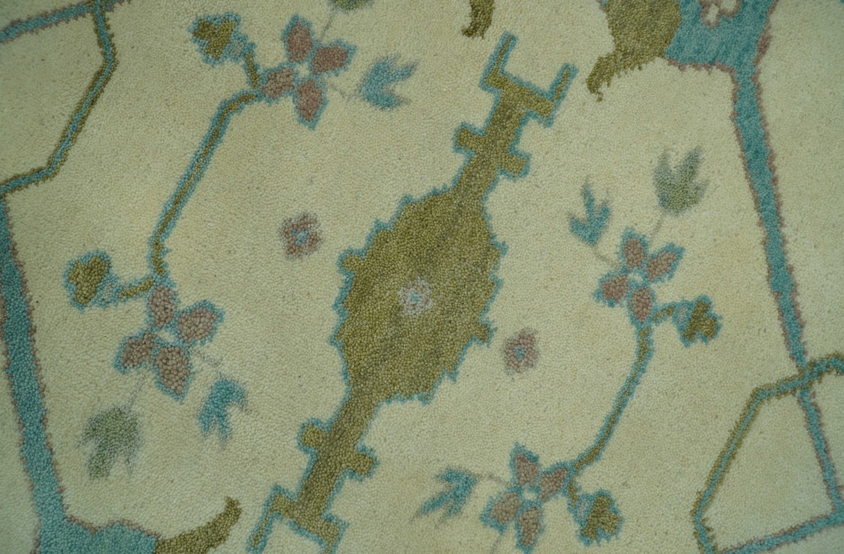 Richmond Custom Made Ivory and Teal Hand Knotted Oushak Wool Rug