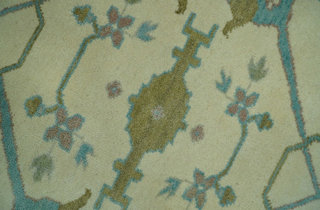 Richmond Custom Made Ivory and Teal Hand Knotted Oushak Wool Rug