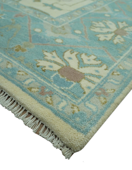 Richmond Custom Made Ivory and Teal Hand Knotted Oushak Wool Rug