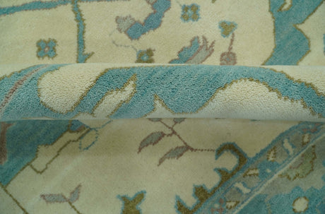 Richmond Custom Made Ivory and Teal Hand Knotted Oushak Wool Rug