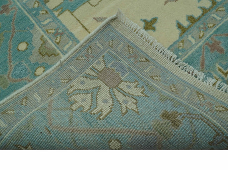 Richmond Custom Made Ivory and Teal Hand Knotted Oushak Wool Rug