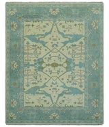 Richmond Custom Made Ivory and Teal Hand Knotted Oushak Wool Rug