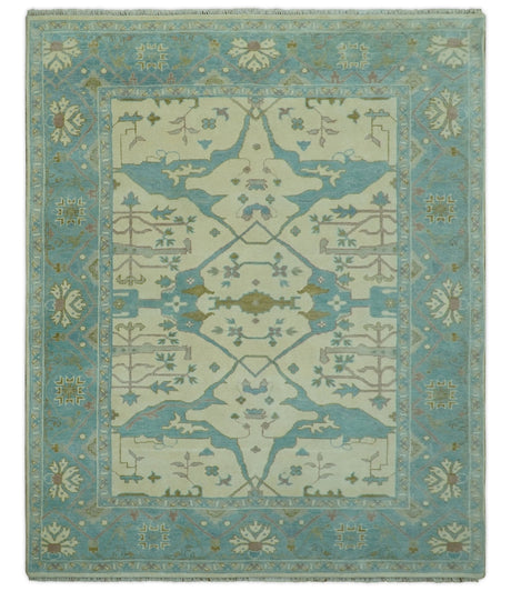 Richmond Custom Made Ivory and Teal Hand Knotted Oushak Wool Rug