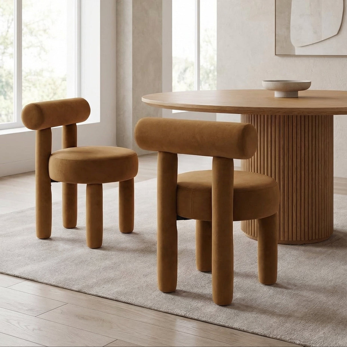 Rogolo dining chair in rust velvet with rounded back and legs, next to a matching chair and wood table.