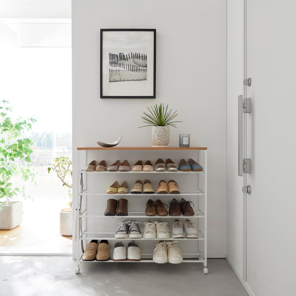 Rolling Five-Tier Shoe Rack (34.25" H) - Steel + Wood