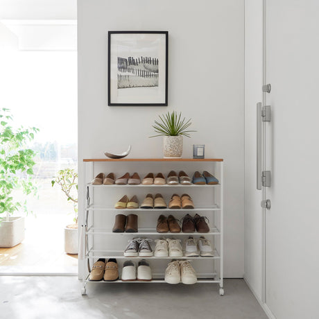 Rolling Five-Tier Shoe Rack (34.25" H) - Steel + Wood