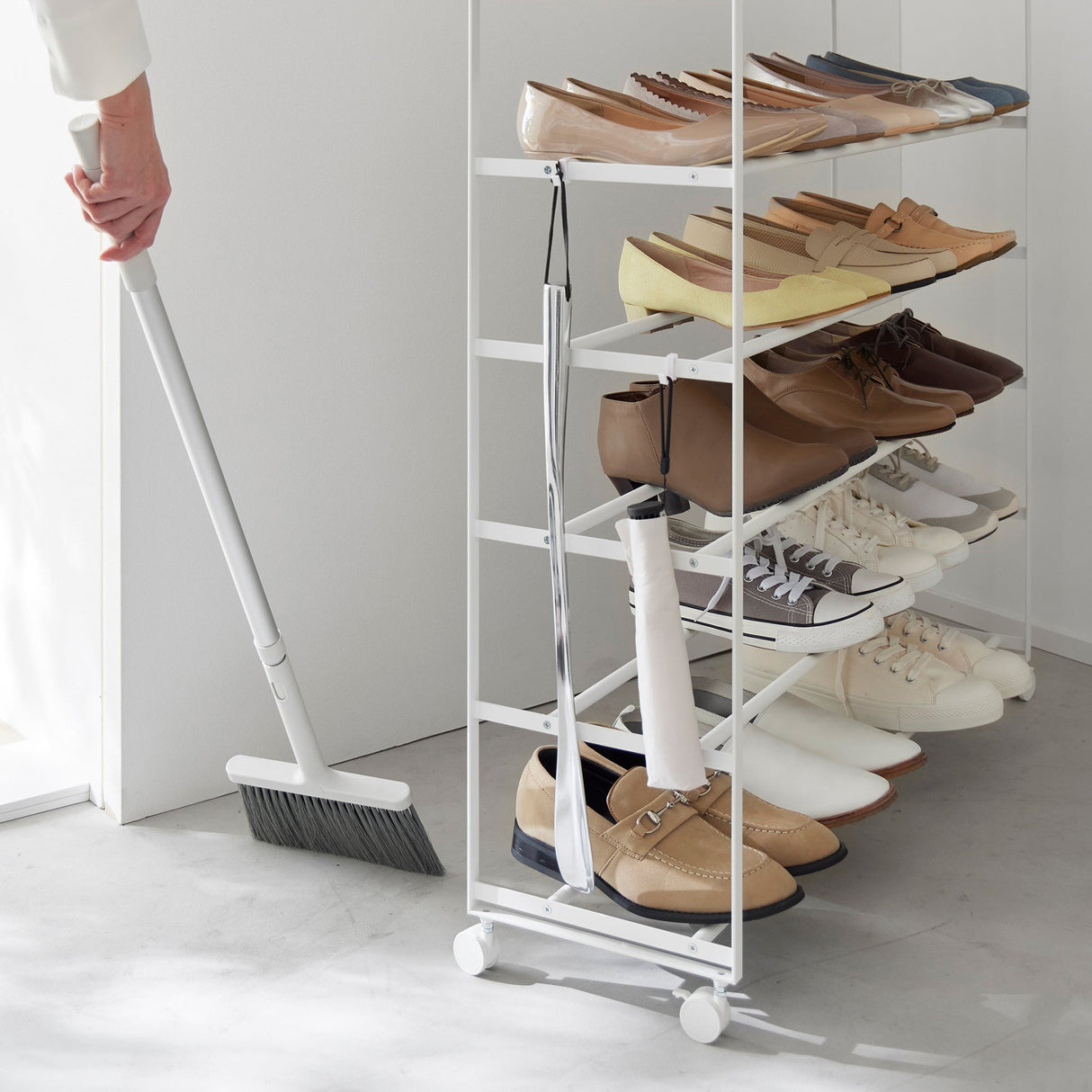 Rolling Five-Tier Shoe Rack (34.25" H) - Steel + Wood