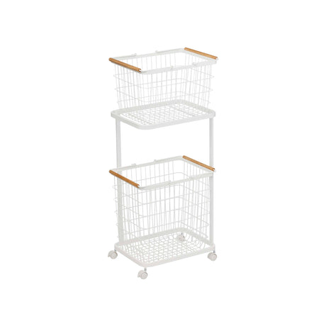 Rolling Laundry Cart + Wire Baskets (38" H) - Steel + Wood