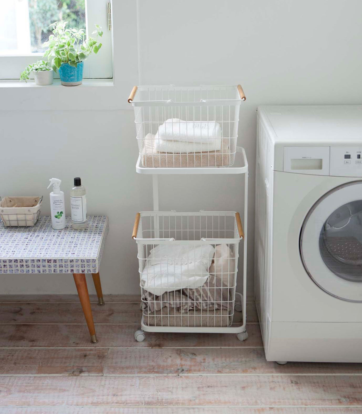 Rolling Laundry Cart + Wire Baskets (38" H) - Steel + Wood