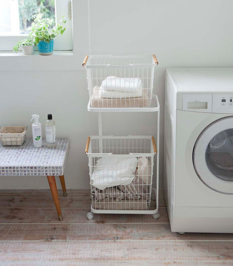 Rolling Laundry Cart + Wire Baskets (38" H) - Steel + Wood