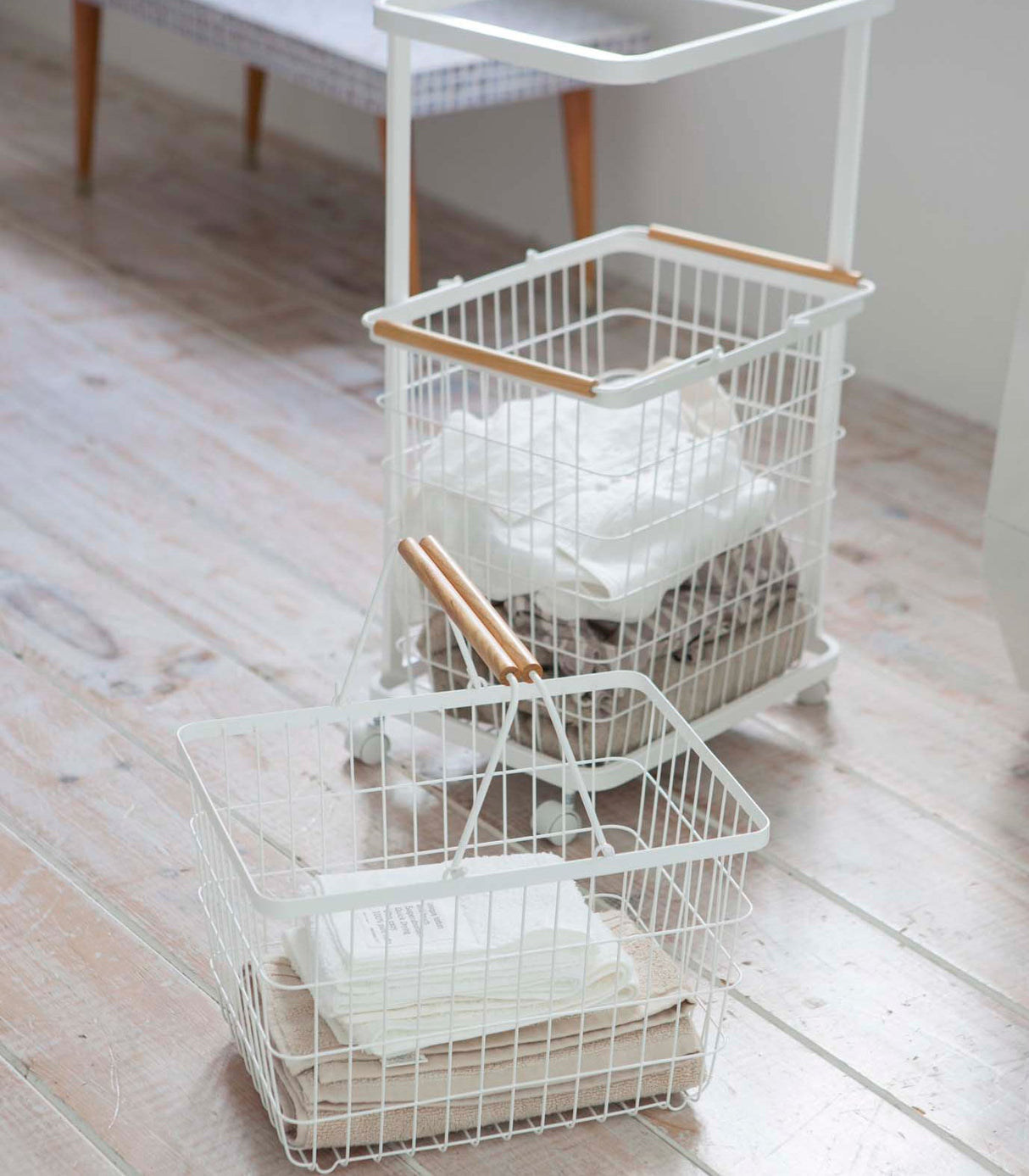 Rolling Laundry Cart + Wire Baskets (38" H) - Steel + Wood