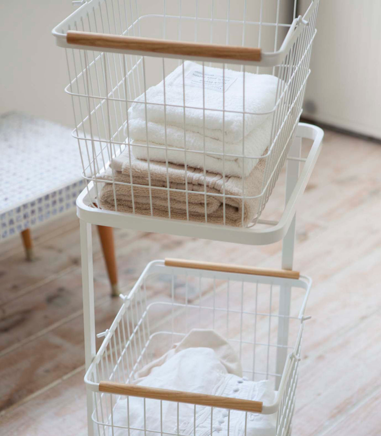 Rolling Laundry Cart + Wire Baskets (38" H) - Steel + Wood-Laundry Basket-Parc Decor