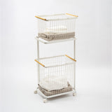 Rolling Laundry Cart + Wire Baskets (38" H) - Steel + Wood