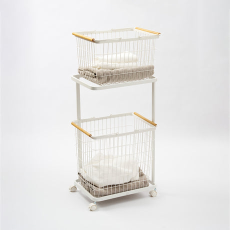 Rolling Laundry Cart + Wire Baskets (38" H) - Steel + Wood