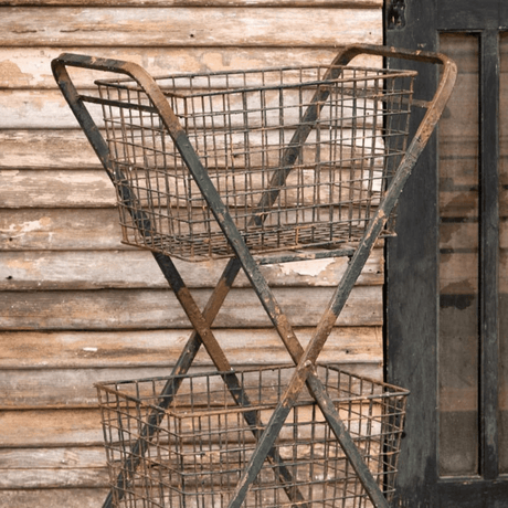 Rolling Metal Market Cart – Vintage Double Basket Farmhouse Storage-cart-Parc Decor
