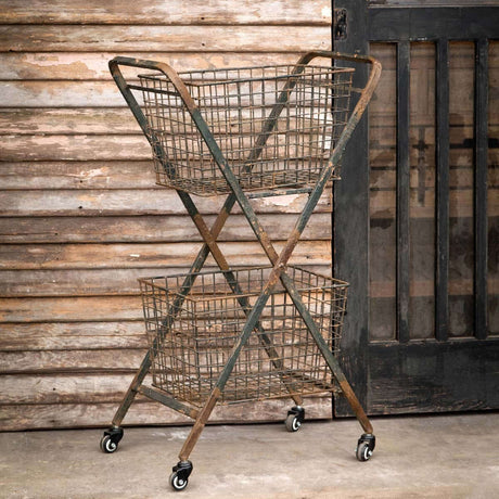 Rolling Metal Market Cart – Vintage Double Basket Farmhouse Storage-cart-Parc Decor