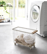 Rolling Wire Basket (15" H) - Steel + Wood-Laundry Basket-Parc Decor