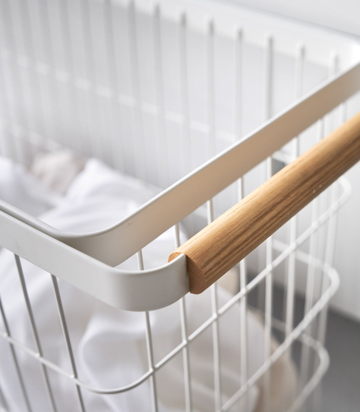 Rolling Wire Basket (15" H) - Steel + Wood-Laundry Basket-Parc Decor