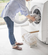 Rolling Wire Basket (15" H) - Steel + Wood-Laundry Basket-Parc Decor