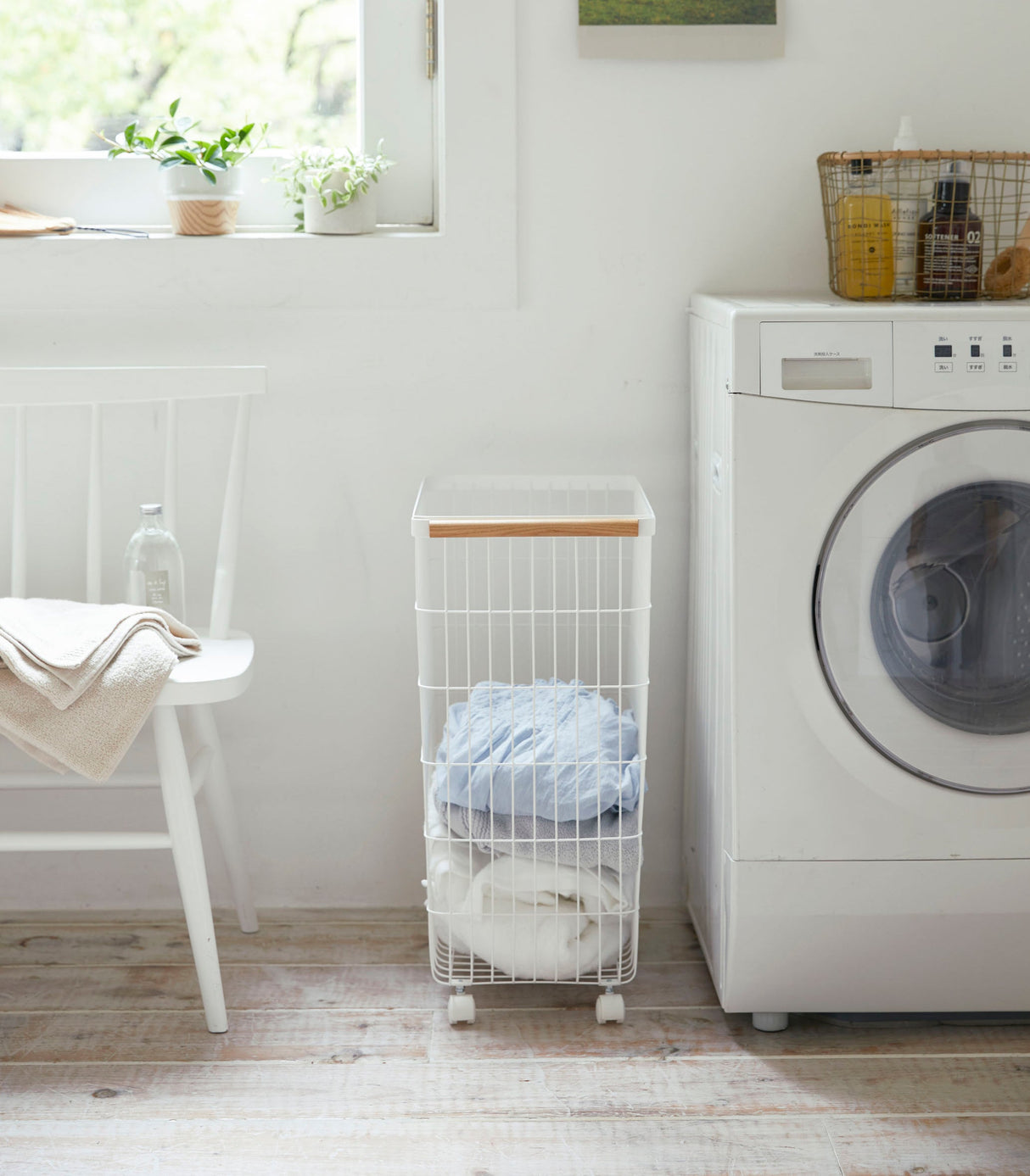 Rolling Wire Basket (24" H) - Steel + Wood-Laundry Basket-Parc Decor