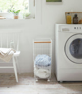 Rolling Wire Basket (24" H) - Steel + Wood-Laundry Basket-Parc Decor