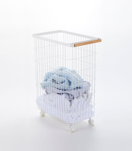 Rolling Wire Basket (24" H) - Steel + Wood-Laundry Basket-Parc Decor