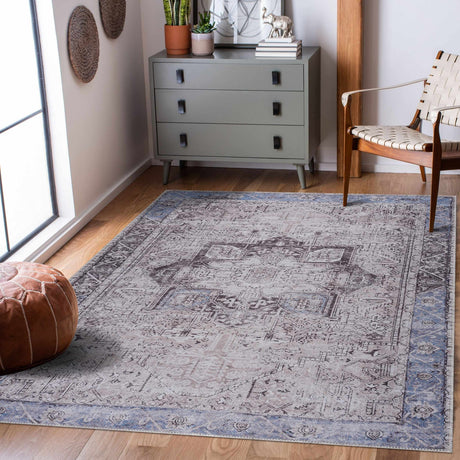 Rosman Blue&Beige - Promo Washable Area Rug - Clearance-Rugs-Parc Decor