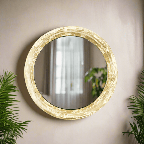 Round Distressed Wood Vintage Wall Mirror-Mirror-Parc Decor