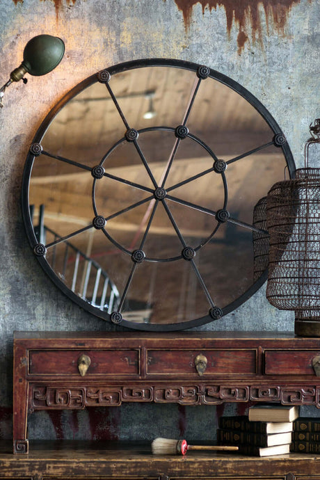 Round Industrial Grid Wall Mirror-Mirror-Parc Decor