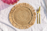 Round natural raffia tabletop with fringes, Woven raffia Placemat-table top-Parc Decor