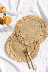Round natural raffia tabletop with fringes, Woven raffia Placemat-table top-Parc Decor