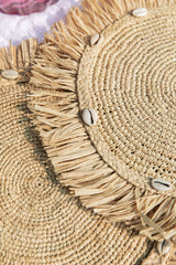 Round natural raffia tabletop with fringes, Woven raffia Placemat-table top-Parc Decor