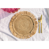 Round natural raffia tabletop with fringes, Woven raffia Placemat-table top-Parc Decor