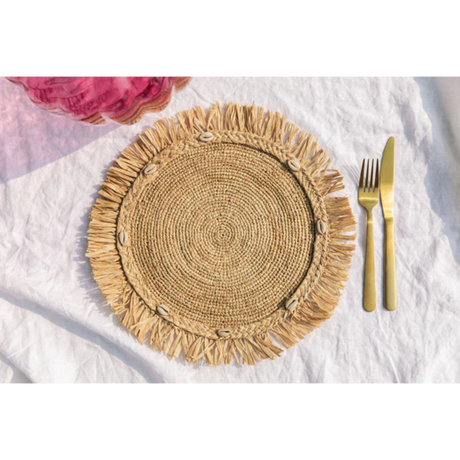 Round natural raffia tabletop with fringes, Woven raffia Placemat-table top-Parc Decor