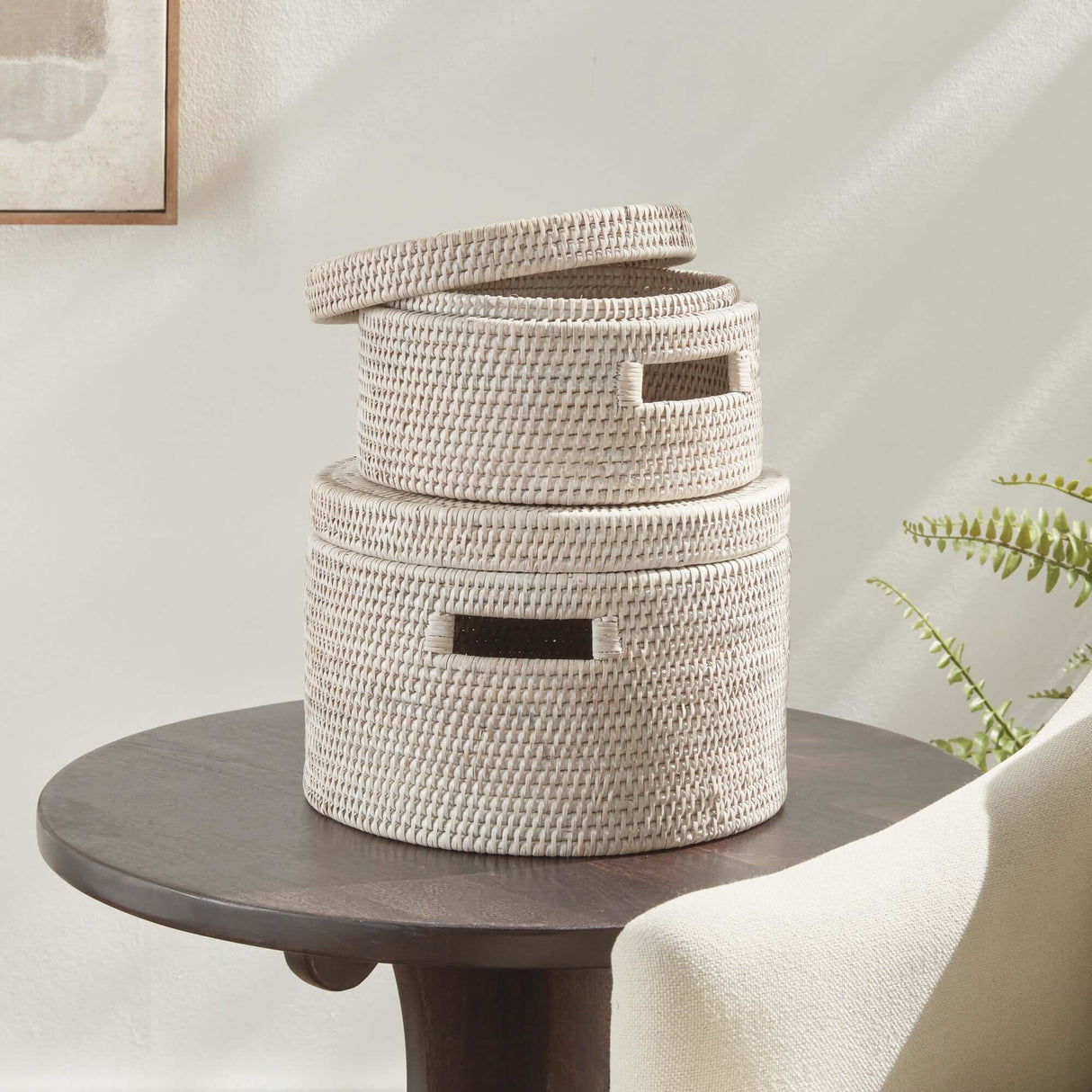 Round Rattan Storage Baskets with Lids (Set of 2)-Storage Baskets-Parc Decor