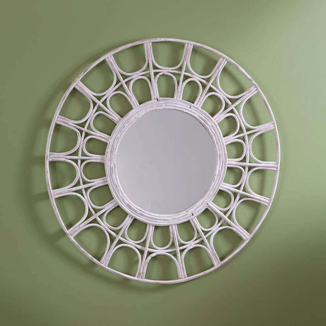 Round Rattan Wall Mirror in White-Mirror-Parc Decor